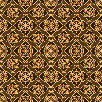 Traditional batik seamless pattern with brown ethnic floral and geometric motifs on a dark background.