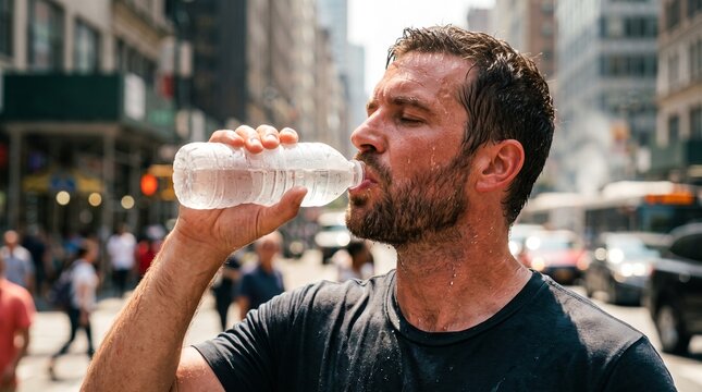 Thirsty man hydrating with cool water during a sweltering urban heatwave on a busy street