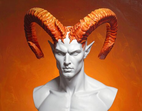 Fiery horned demon bust on orange background