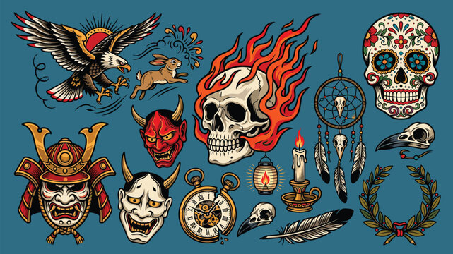 Classic tattoo flash featuring flaming skull, eagle, samurai masks, sugar skull, dreamcatcher, and mystical symbols collection.