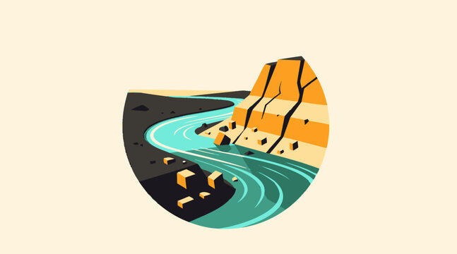 Colorful mountain landscape with flowing river illustration.