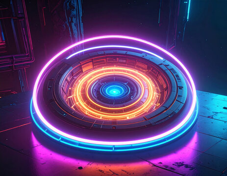 Sci-fi futuristic circular portal with neon glowing rings