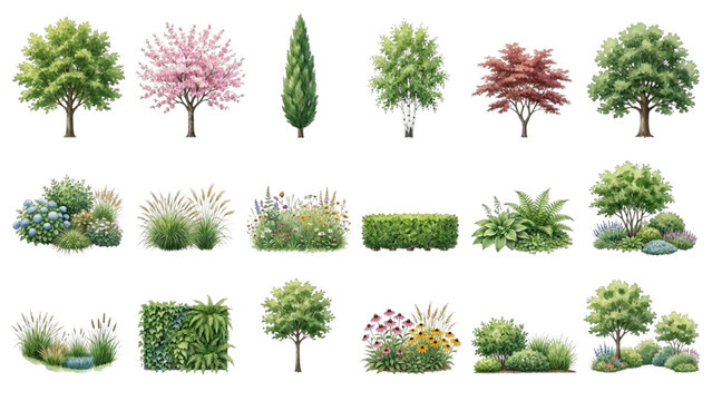 Hand Drawn Watercolor Landscape Rendering Plant Symbols Vector Collection for Architectural Design