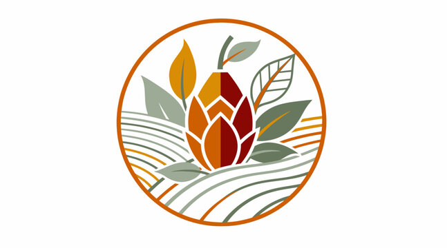 Colorful hop cone emblem with leaves and waves design.