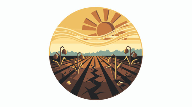 Sunset over a vast agricultural field with rows of crops.