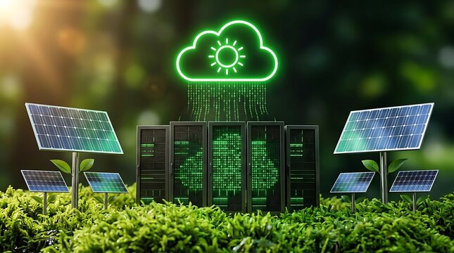 Data center servers on green moss surrounded by solar panels and glowing cloud icon representing green cloud computing sustainable technology.