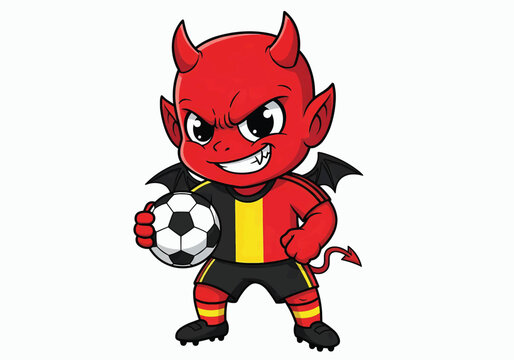 A cartoon devil mascot in a soccer uniform holds a ball with a smile.