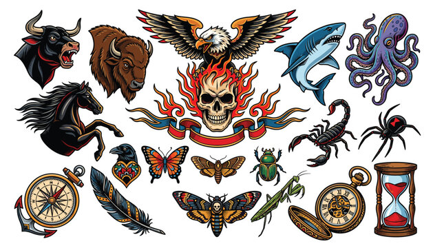 Bold traditional tattoo flash featuring animals, flaming skull, insects, compass, pocket watch, and nautical symbolism collection.