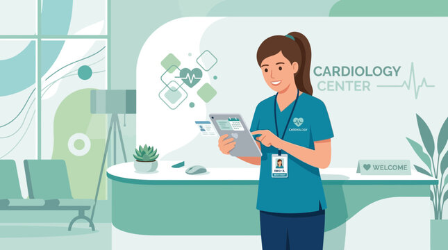 Female nurse using tablet in modern cardiology clinic reception