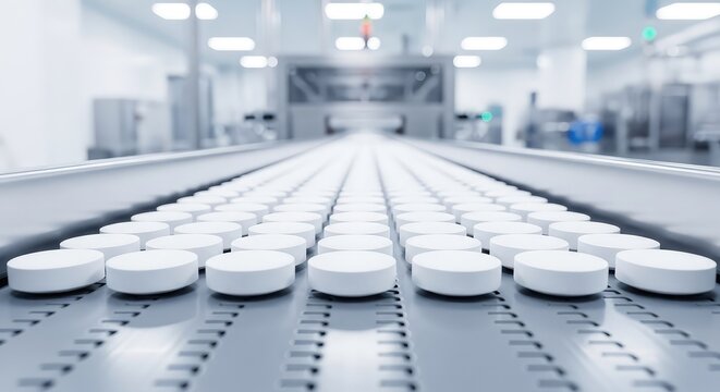 Close-up view of white round tablets moving along an industrial conveyor belt in a sterile pharmaceutical manufacturing facility setting, science, engineering, technology