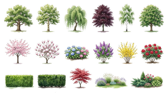 Hand Drawn Watercolor Park Trees and Ornamental Shrubs Vector Set for Landscape Design