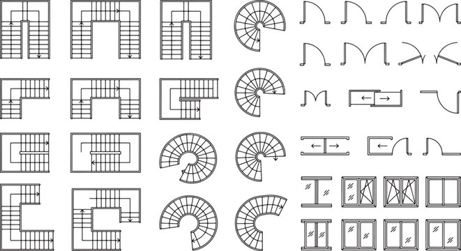 Architectural floor plan symbols set featuring various staircase configurations door types and window styles in vector format