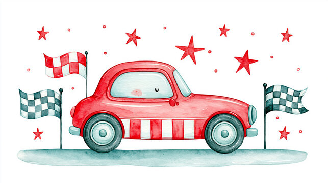 A whimsical red race car with stripes is surrounded by checkered flags and red stars on a light blue background.