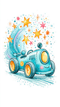 A whimsical vintage blue race car speeds forward, leaving a sparkling trail of colorful stars behind it on a white background.