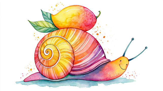 A colorful watercolor illustration of a smiling snail carrying a ripe mango on its shell.