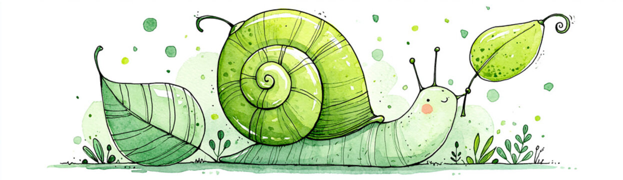 A whimsical green snail with a spiral shell made of leaves, crawling on a leafy ground with additional leaves and small plants around.