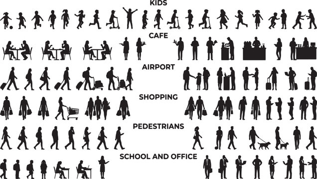 Collection of human silhouettes in various daily activities including shopping travel and office work vector illustration