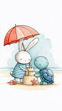 A cute bunny and turtle build a sandcastle together under a red umbrella at the beach, surrounded by seashells and a starfish.