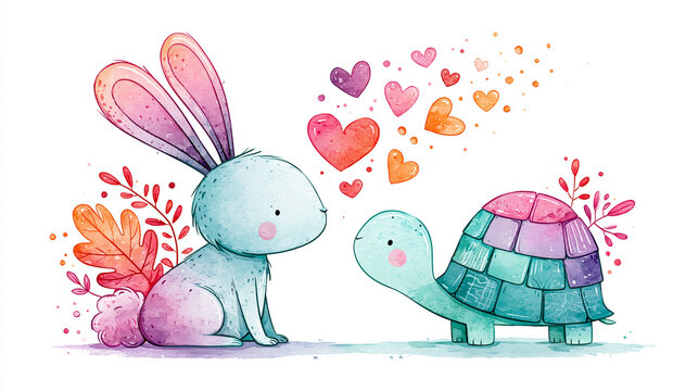 A watercolor illustration of a cute bunny and turtle facing each other with colorful hearts floating between them, surrounded by autumn leaves.