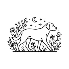 Obraz premium Minimalist Line Art Dog Walking Through Flowers Under Moon and Stars