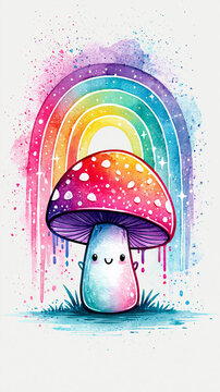 A cute, colorful mushroom with a smiling face stands under a vibrant, dripping rainbow in a whimsical, watercolor art style.