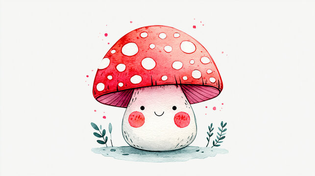 Cute watercolor illustration of a smiling red mushroom with white spots and rosy cheeks surrounded by small plants.