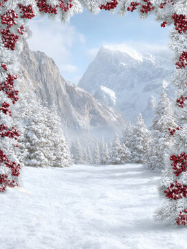 a snowy mountain landscape is framed by frosted pine branches adorned with vibrant red berries, creating a festive, wintry scene.