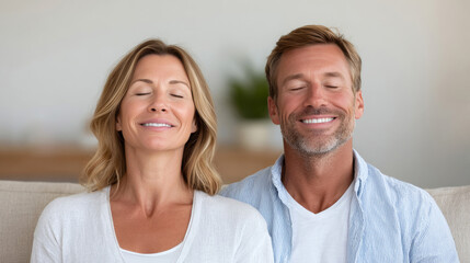 Obraz premium a couple sits together on a sofa, eyes closed with serene expressions, embodying a sense of peace, mindfulness, and relaxation.