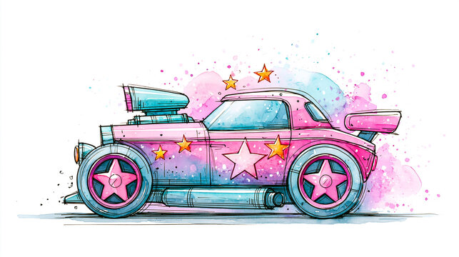 A colorful, stylized illustration of a retro hot rod car with vivid pink and blue hues and star decorations on the body.