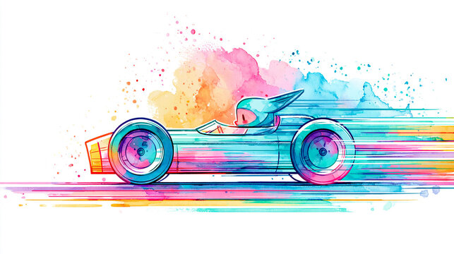 A vibrant, watercolor-style illustration of a futuristic race car speeding with colorful splashes trailing behind.