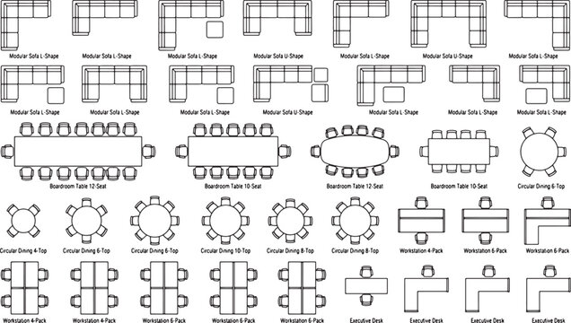 Furniture top view floor plan symbols set including sofas tables and office workstations for interior design