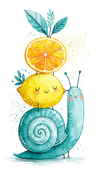 A whimsical watercolor illustration of a smiling snail carrying a happy lemon and an orange slice with leaves on its shell.