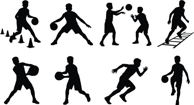 Basketball training silhouettes set featuring youth players practicing dribbling passing running and agility drills.