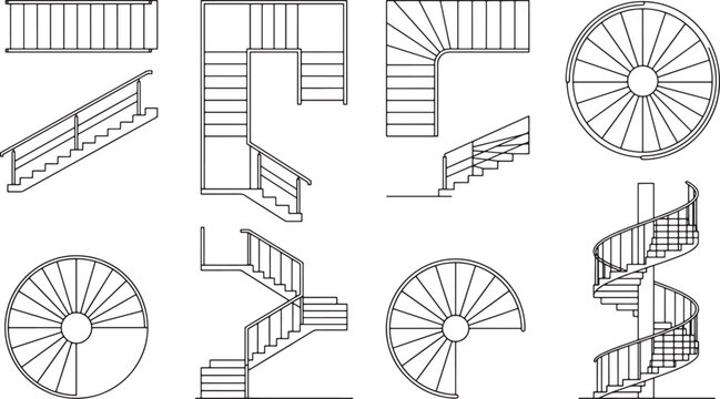 Set of architectural staircase blueprints showing top and side views of straight spiral and corner stairs