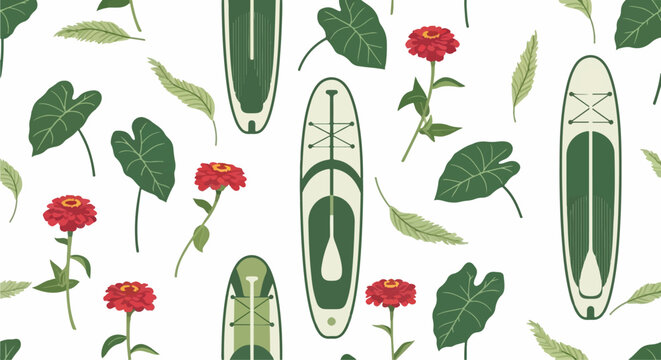 Colorful floral and surfboard pattern design.