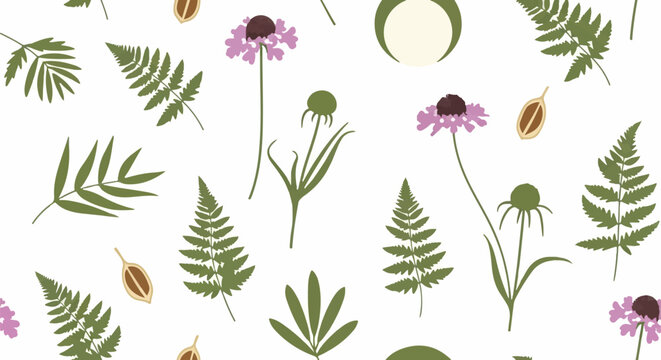 Colorful botanical illustration with ferns and flowers.