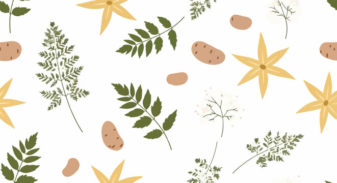 Colorful autumn leaves and acorns scattered pattern.