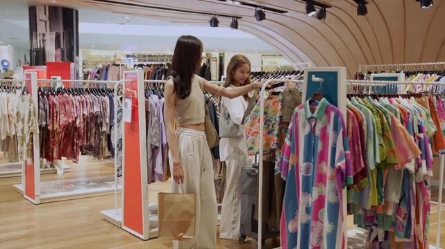 Two women shopping in a clothing store examining and discussing clothes on racks, in a well-lit spacious clothing store with various racks, with clothing racks, hangable garments, store interior.