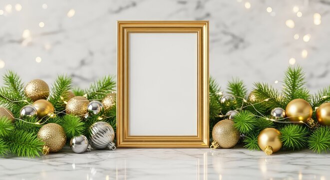 Elegant gold frame mockup centered on a marble surface with festive pine branches, sparkling ornaments, and soft ambient holiday lighting, warm, christmas, wooden