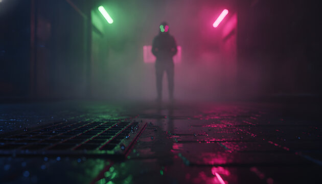 Mysterious Figure in Neon Alley at Night