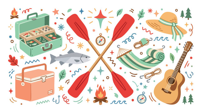 Flat Vector Illustration of Camping Gear and Fishing Equipment