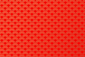 Traditional chinese new year wave pattern texture with fish scale or scallop motifs on a red background accented with gold stripes for Lunar New Year, festival design, packaging and decoration. © mei