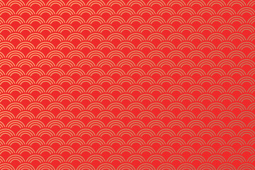 Traditional chinese new year wave pattern texture with fish scale or scallop motifs on a red background accented with gold stripes for Lunar New Year, festival design, packaging and decoration. © mei