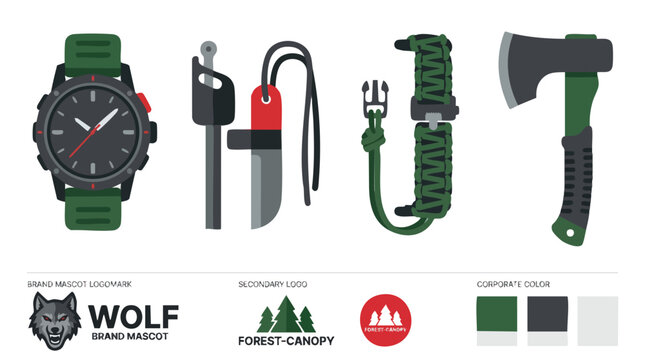 Tactical Outdoor Survival Gear and Brand Identity Vector Illustration