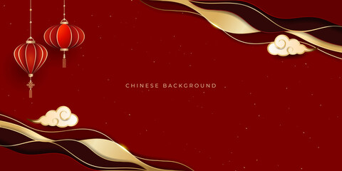 Festive luxury paper cut chinese new year background with lanterns and clouds on red background for wallpaper, card, poster. © mei