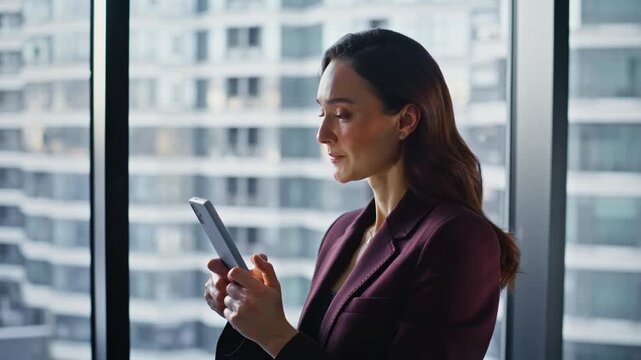 Elegant leader typing smartphone sending email office panoramic window closeup