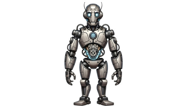 Full-body cartoon robot with metallic textures and joints, isolated on white.