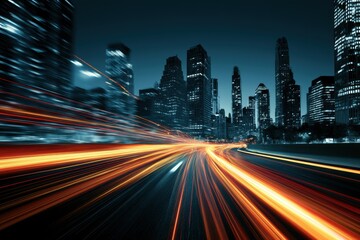 Fototapeta premium City light trails streaking through a nighttime metropolis skyline with motion blur and cinematic lighting for urban infrastructure and fintech marketing