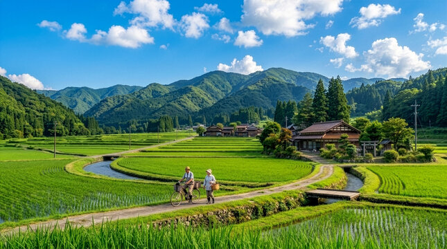 Peaceful Japanese countryside with rice fields for summer travel background