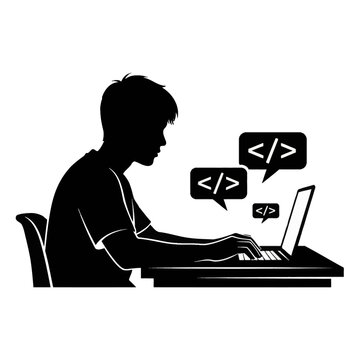 Silhouette of a male programmer sitting at a desk using a laptop with code tag symbols in speech bubbles, representing web development and software engineering education.